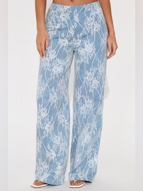 Fashion Nova Marietta Lace Pants Light Blue Lace-Overlay Wide Leg Pants